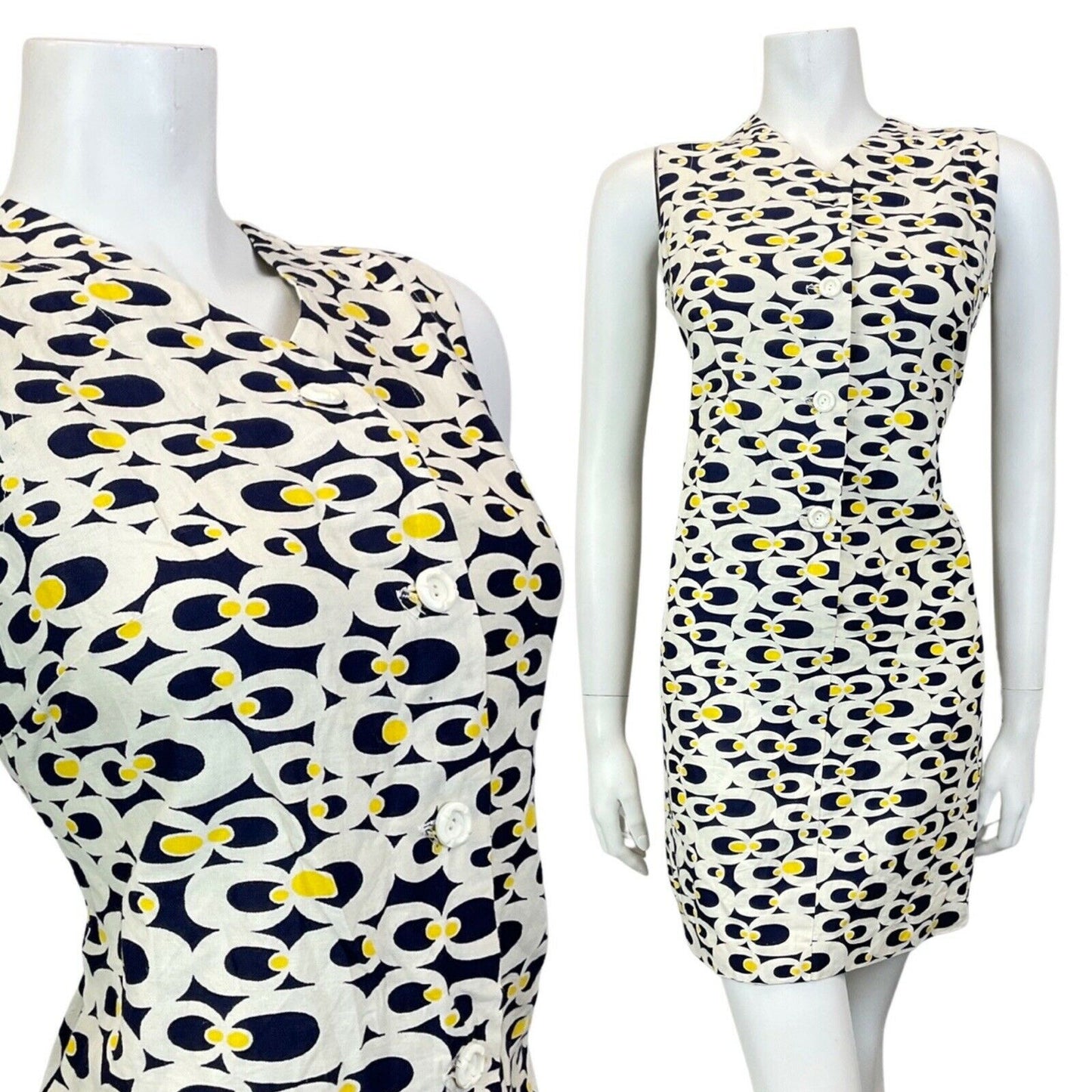 VINTAGE 60s 70s WHITE BLUE YELLOW PSYCHEDELIC MOD SLEEVELESS SHIFT DRESS 10