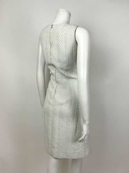 VTG 60s 70s WHITE SILVER LUREX CHEVRON DIAMANTE BOW COCKTAIL PARTY DRESS 10 12