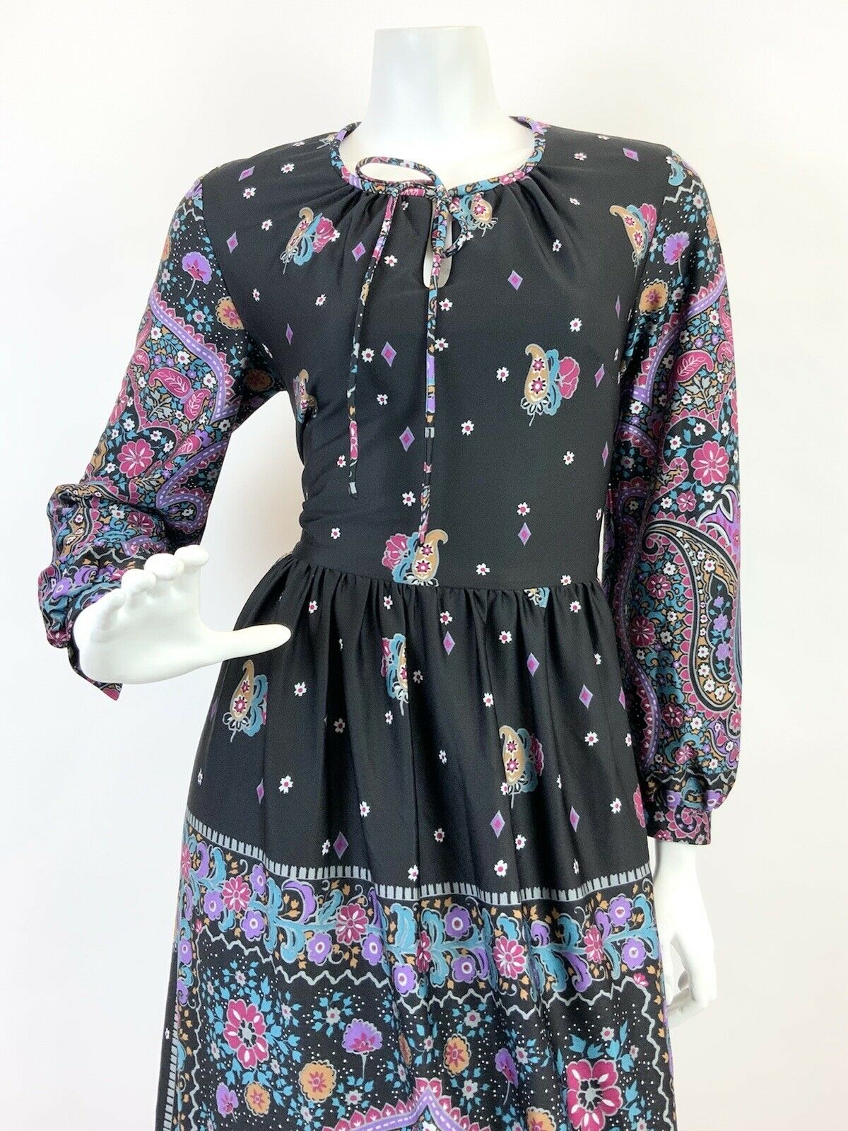 VINTAGE 60s 70s BLACK PURPLE PINK BLUE FLORAL PAISLEY BOHO FOLK MAXI DRESS 10 12