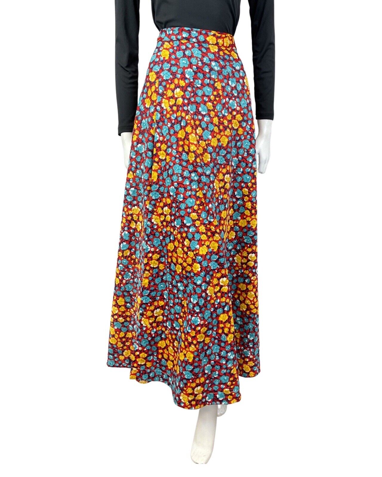 VINTAGE 70s RED BLUE YELLOW PSYCHEDELIC FLORAL BOHO WRAP MAXI SKIRT 10 12 14