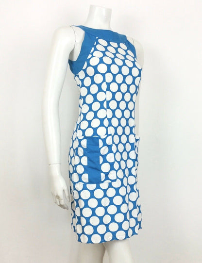 VTG 60S 70S BLUE WHITE SPOTTED COTTON SUMMER DRESS 8