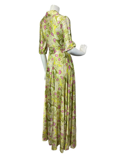 VINTAGE 60s 70s LIME GREEN PINK WHITE PSYCHEDELIC FLORAL COLLAR MAXI DRESS 10