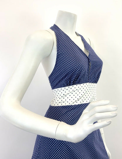 VINTAGE 60s 70s BLUE WHITE POLKA-DOT MOD HALTER RUFFLED MAXI DRESS 8