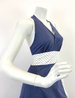 VINTAGE 60s 70s BLUE WHITE POLKA-DOT MOD HALTER RUFFLED MAXI DRESS 8