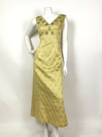 VINTAGE 60s 70s YELLOW GOLD GREEN FLORAL QUILTED STAR BEADED MAXI DRESS 8 10