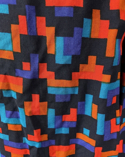 VINTAGE 60s 70s BLUE RED ORANGE GEOMETRIC PIXEL ZIG-ZAG PUSSYBOW MOD DRESS 8