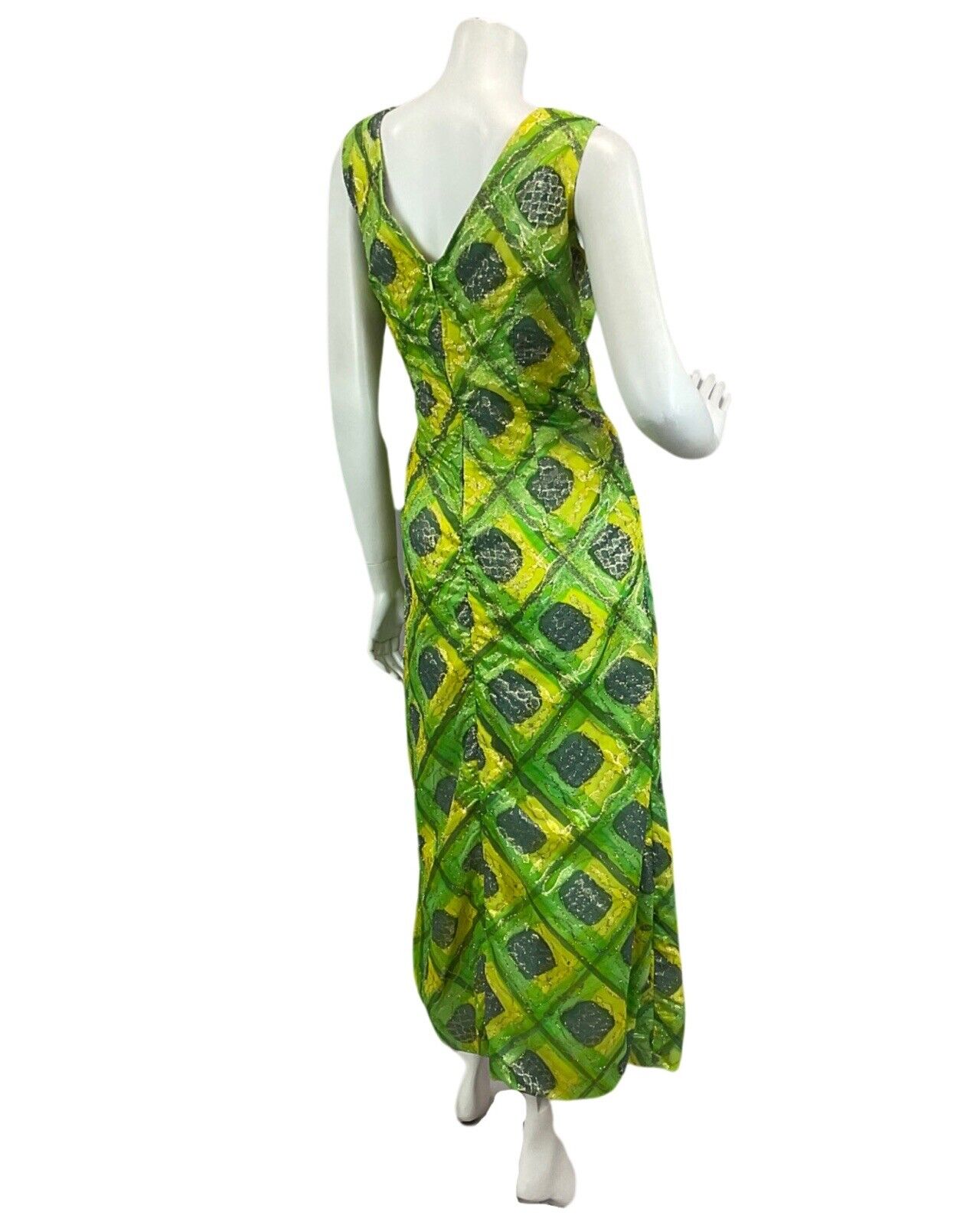 VINTAGE 60s 70s GREEN YELLOW GOLD SPARKLY DISCO PARTY EVENING  MAXI DRESS 14