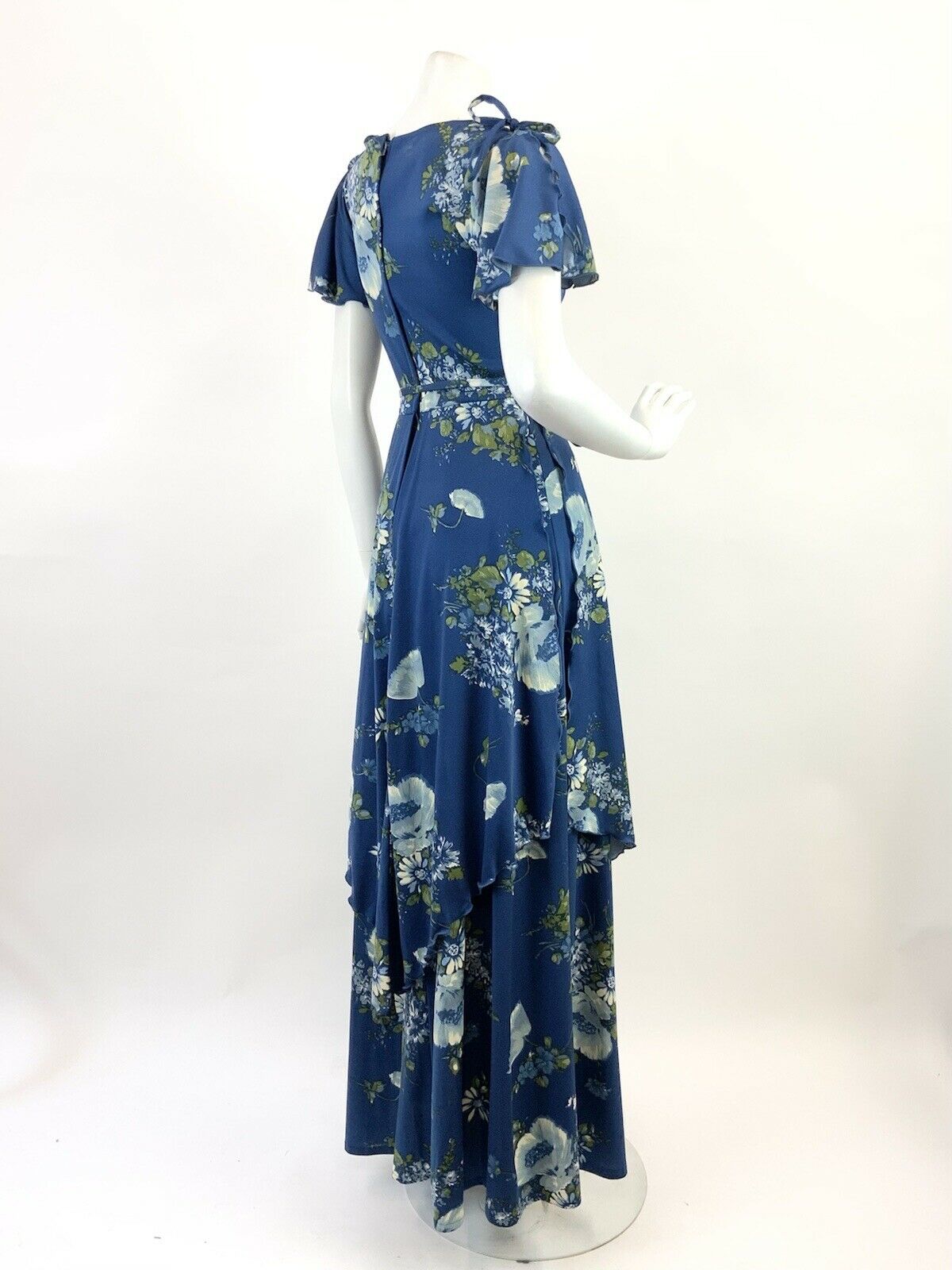 VINTAGE 60s 70s BLUE GREEN CREAM FLORAL TIERED RUFFLED FOLK PRAIRIE MAXI DRESS 8