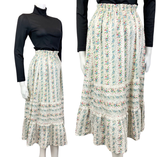 VINTAGE 70s WHITE BLUE RED DITSY FLOWER LACE BOHO PRAIRIE MIDI SKIRT 8 10