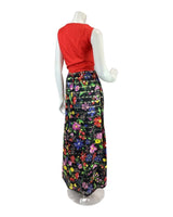 VINTAGE 60s 70s RED BLACK GREEN FLORAL DAISY MOD SLEEVELESS MAXI DRESS 8 10