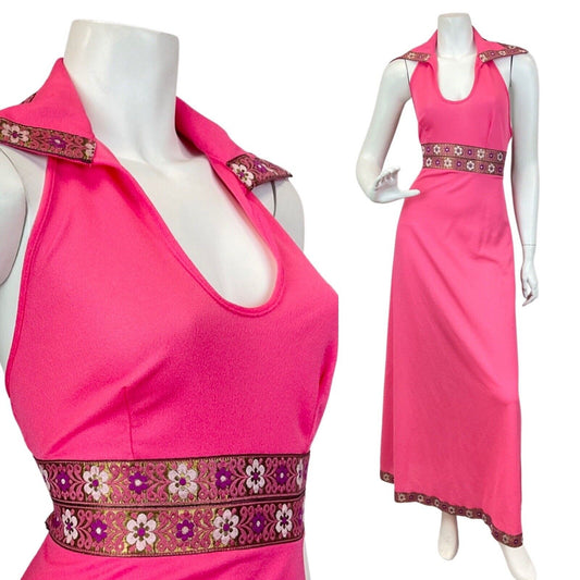 VINTAGE 60s 70s BRIGHT PINK GOLD FLORAL MOD HALTER WING COLLAR MAXI DRESS 8 10