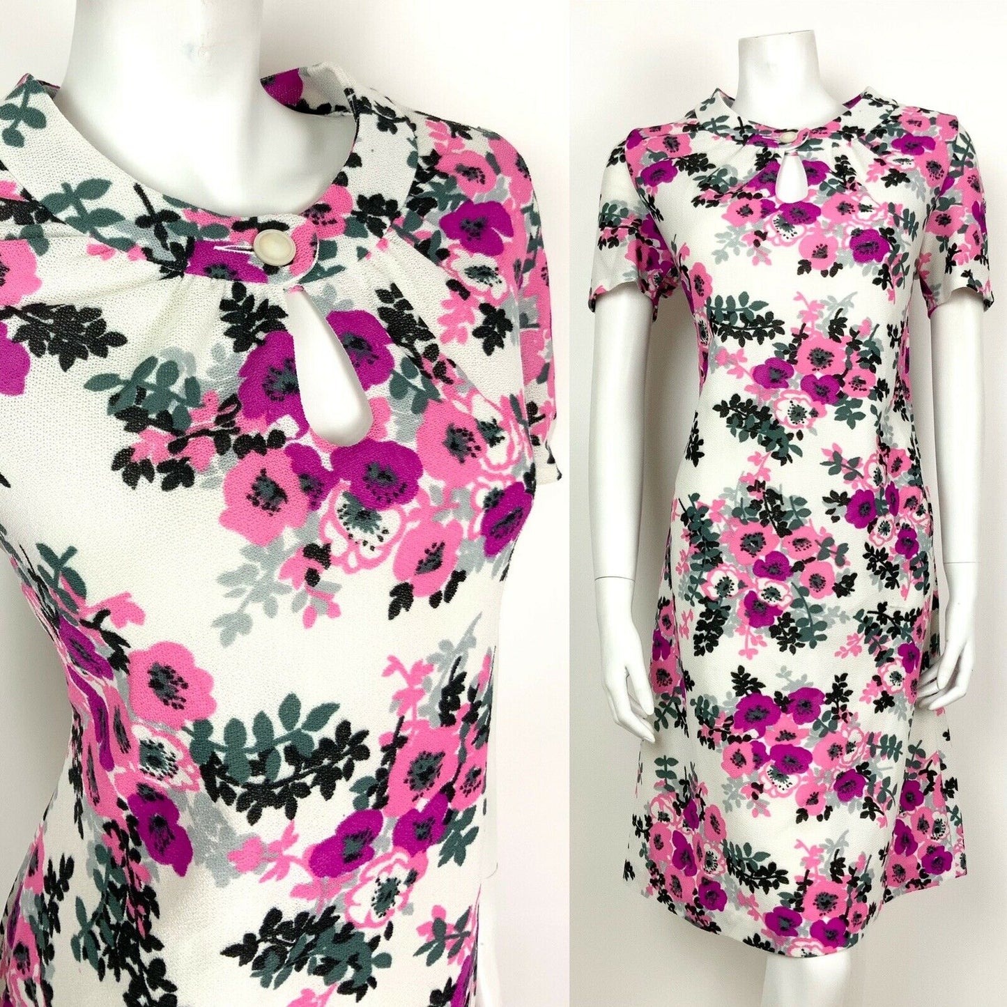 VINTAGE 60s 70s WHITE PINK PURPLE GREY BLACK FLORAL ROSE SHIFT DRESS 14 16