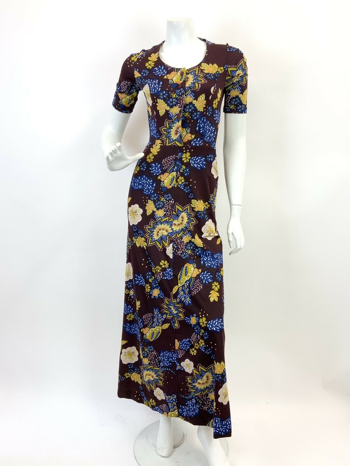 VINTAGE 60s 70s BURGUNDY BLUE GREEN BEIGE FLORAL LEAFY DOTTY FOLK MAXI DRESS 8