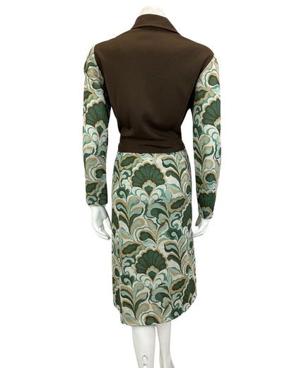 VINTAGE 60s 70s BROWN GREEN PSYCHEDELIC MOD MIDI DRESS 16