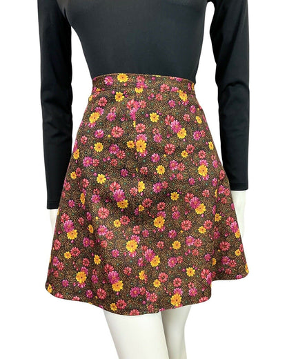 VINTAGE 60s 70s BROWN PINK YELLOW DOTTY FLORAL A-LINE SHORT SKIRT 8 10