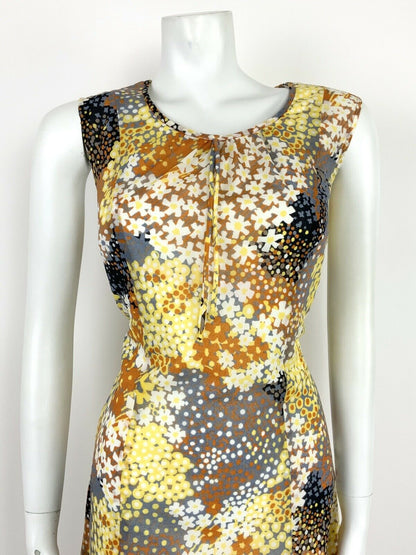 VTG 60s 70s BLACK WHITE GREY YELLOW ORANGE FLORAL PATCHWORK SHIFT DRESS 12 14