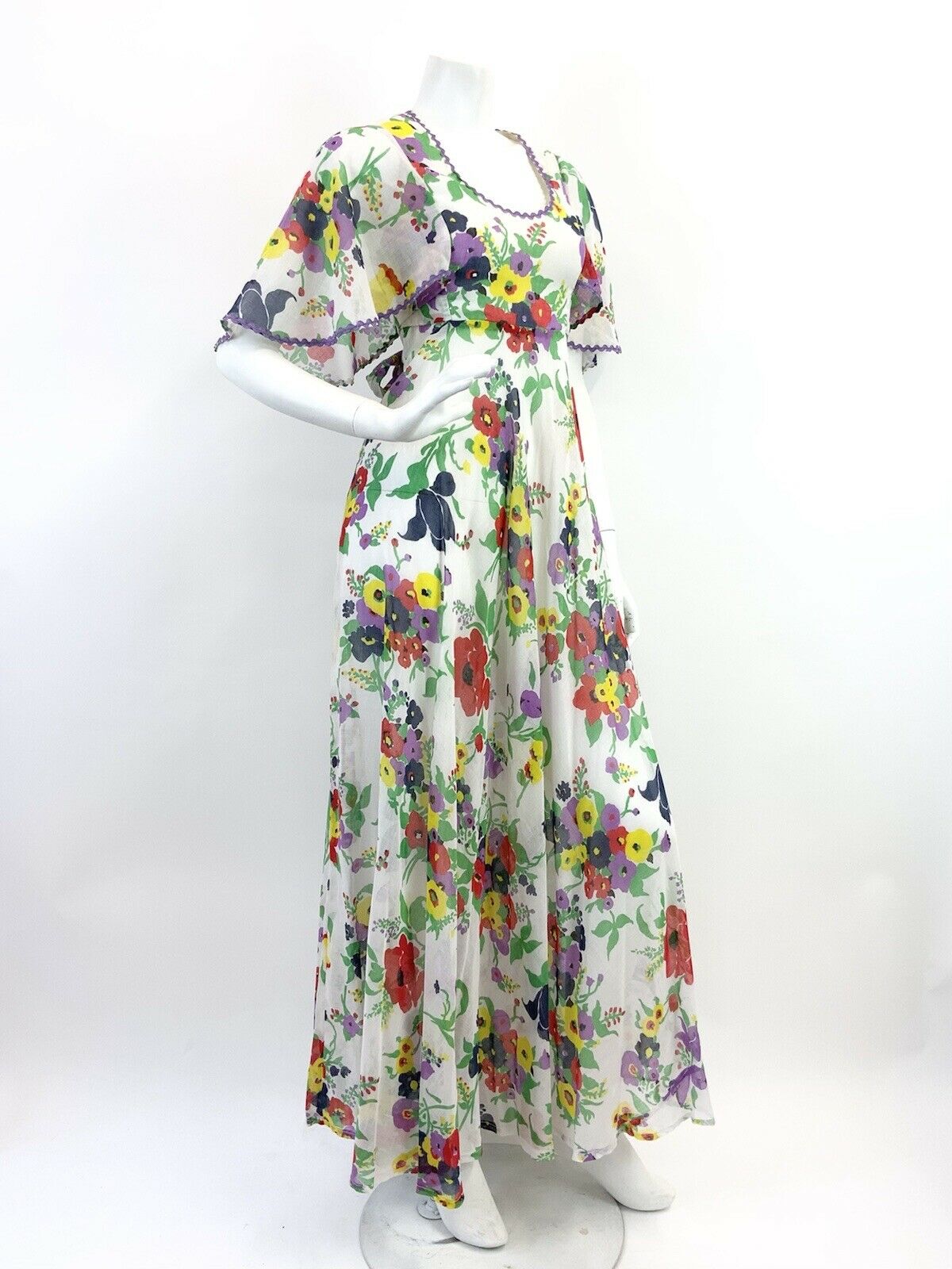 VTG 60s 70s WHITE PURPLE RED GREEN FLORAL RICRAC SHEER CAPE SLEEVE MAXI DRESS 8