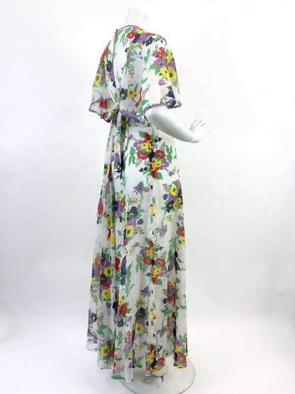 VTG 60s 70s WHITE PURPLE RED GREEN FLORAL RICRAC SHEER CAPE SLEEVE MAXI DRESS 8