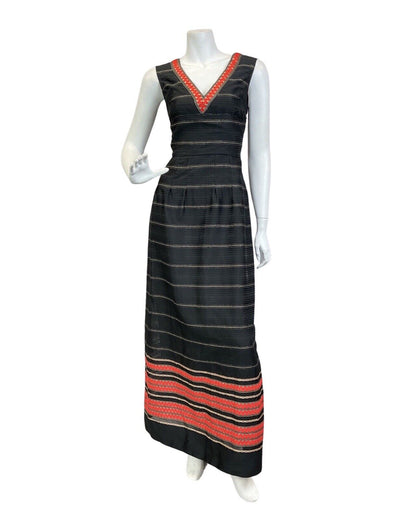 VINTAGE 60s 70s BLACK ORANGE GOLD DISCO STRIPED SLEEVELESS MAXI DRESS 10