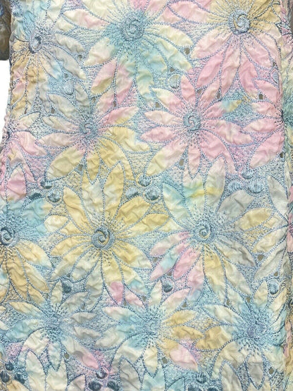 VINTAGE 60s 70s PASTEL BLUE PINK YELLOW FLORAL EMBROIDERED MOD MINI DRESS 6 8