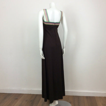 60S 70S VINTAGE BOHO BROWN RAINBOW CROCHET MAXI DRESS 6 8