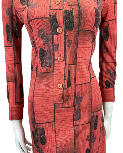 VINTAGE 60s 70s RED BLACK ART DECO PRINT DAGGAR COLLAR MOD MIDI DRESS 10 12