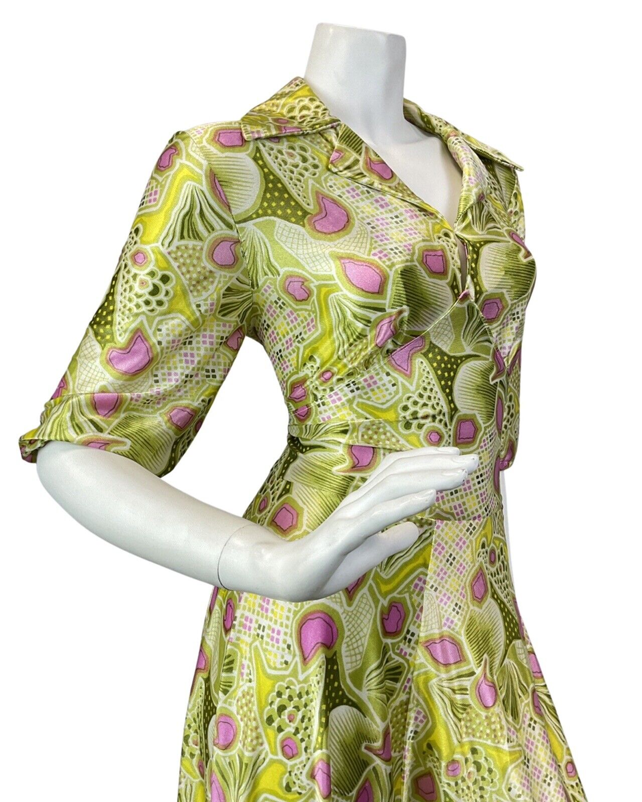 VINTAGE 60s 70s LIME GREEN PINK WHITE PSYCHEDELIC FLORAL COLLAR MAXI DRESS 10