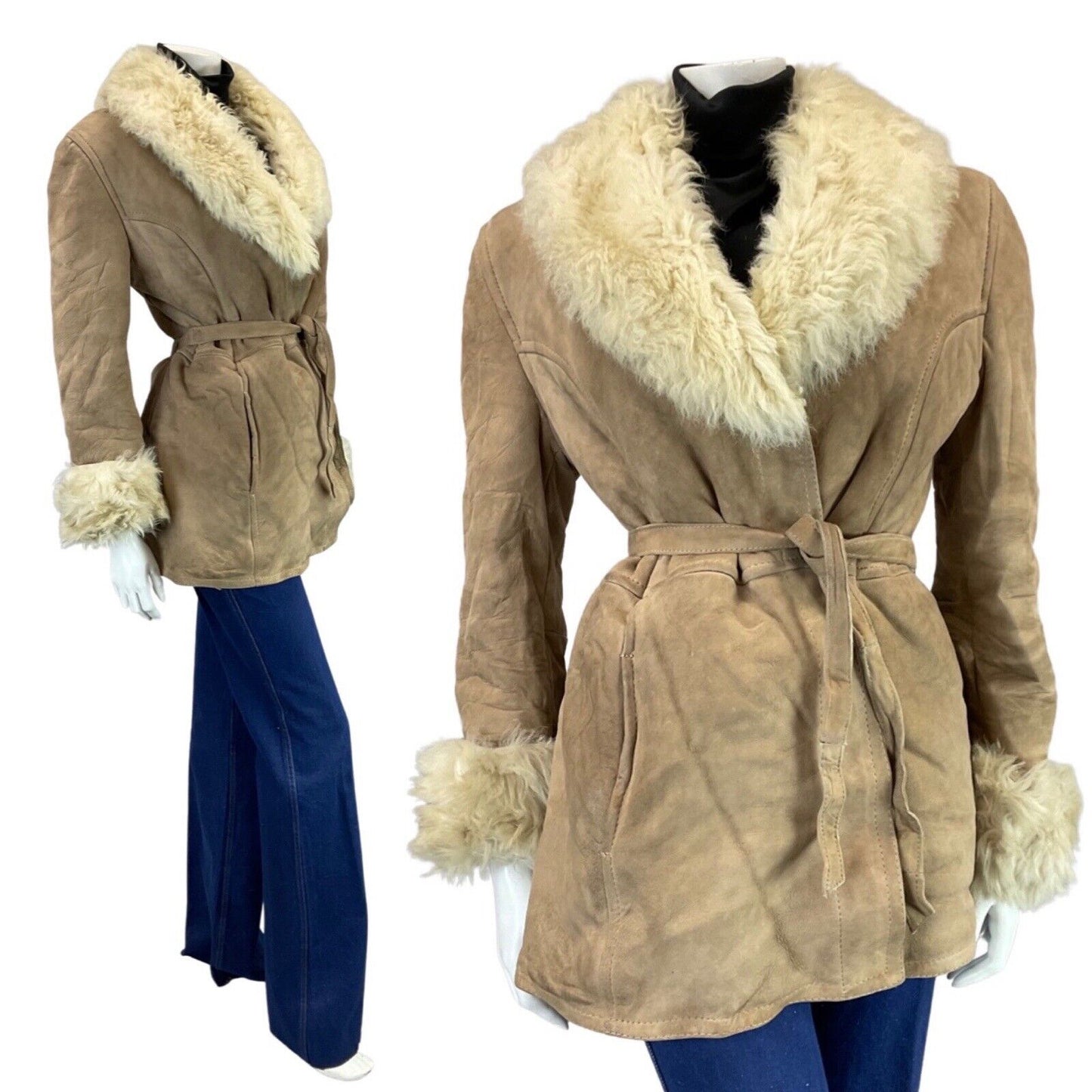 VINTAGE 60s 70s CREAM SAND BROWN BELTED MOD SUEDE SHEARLING WRAP COAT 12 14