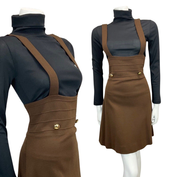 VINTAGE 60s 70s BROWN PINAFORE APRON BOHO MOD DRESS 12 14