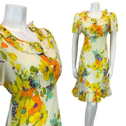 VINTAGE 60s 70s YELLOW ORANGE PURPLE BLUE FLORAL PRINT RUFFLE SUMMER DRESS 12 14