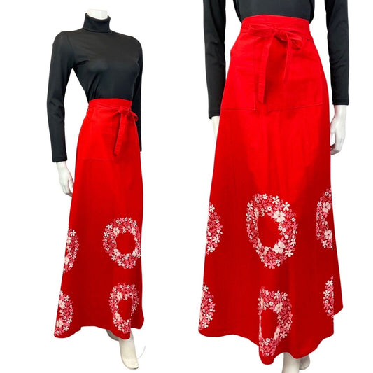 VINTAGE 60s 70s RED WHITE PINK FLORAL WREATH BOHO WRAP MAXI SKIRT 10 12