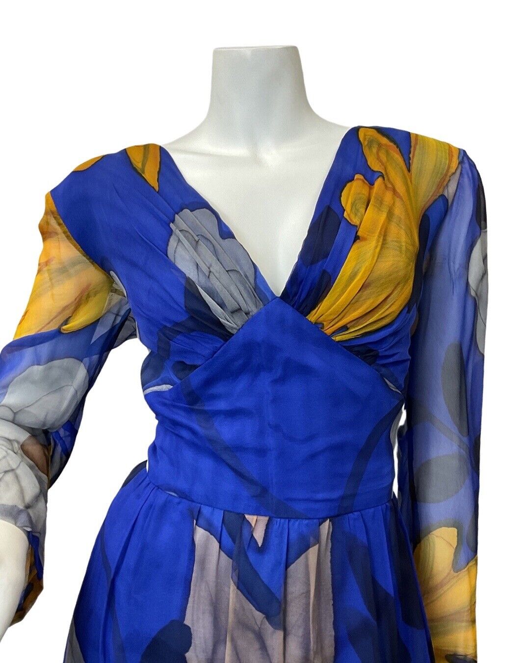 VINTAGE 60s 70s BLUE YELLOW WHITE FLORAL WATERCOLOUR SHEER MAXI DRESS 12 14