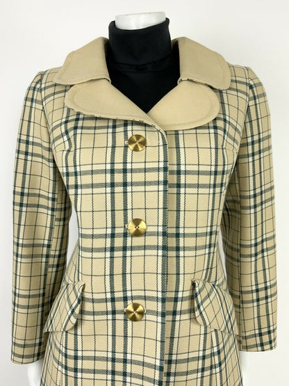 VINTAGE 60s 70s GREEN WHITE BEIGE GOLD PLAID TARTAN LUCIE LINDEN COAT 10 12 14