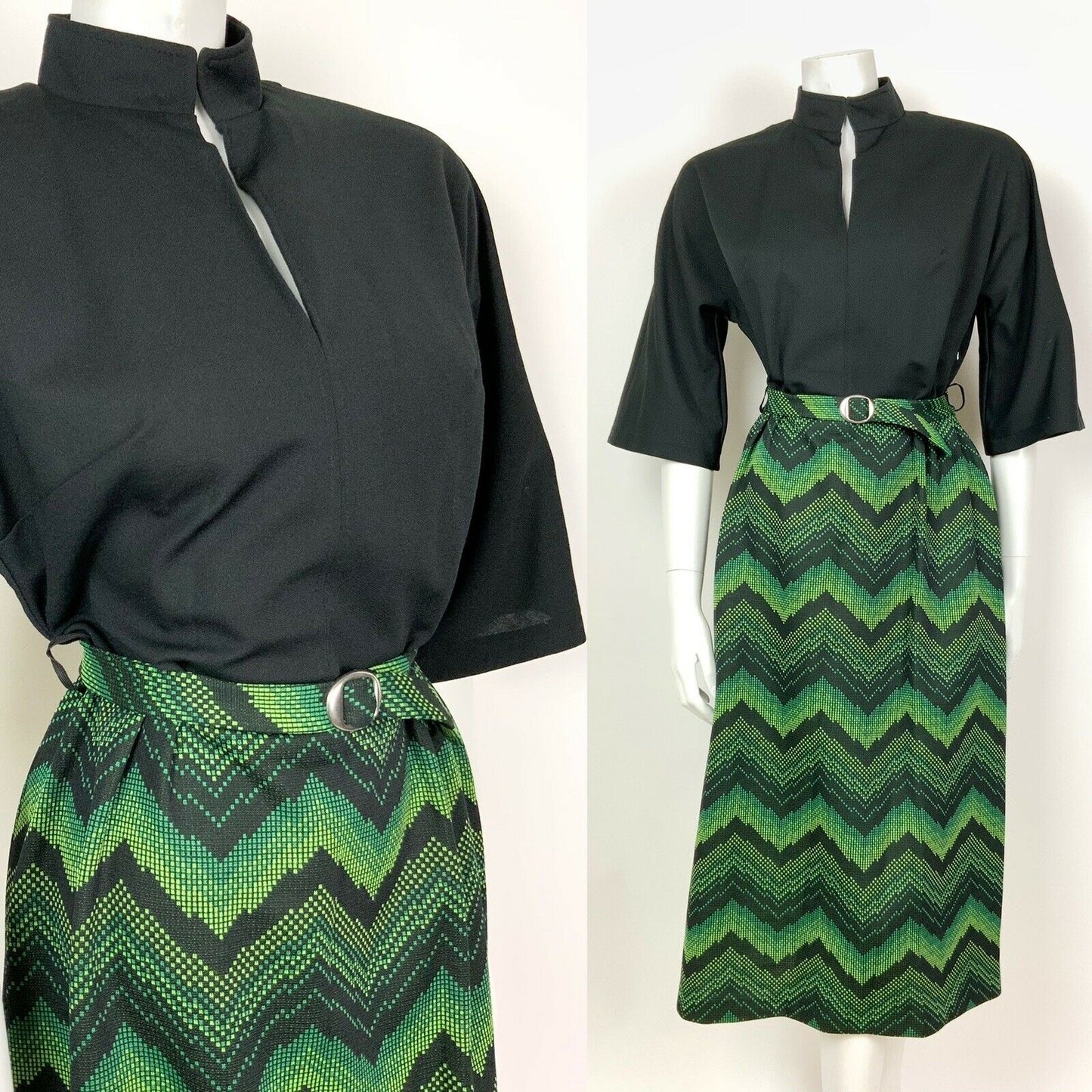 VINTAGE 60s 70s BLACK GREEN LIME ZIG-ZAG CHEVRON PIXEL BELTED MIDI DRESS 12 14