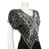 VINTAGE 70s BLACK SILVER SEQUIN BEADED BUTTERFLY DISCO STUDIO 54 GLAM TOP 10