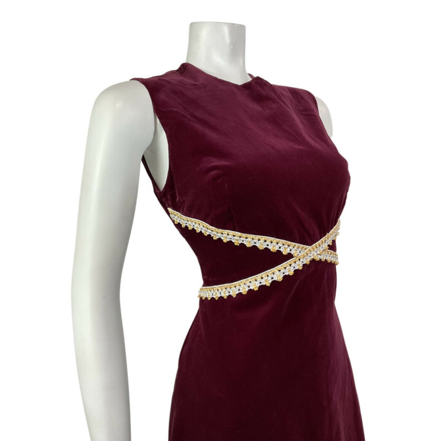 VINTAGE 60s 70s WINE RED SILVER GOLD VELVET SLEEVELESS PARTY GLAM DRESS 10