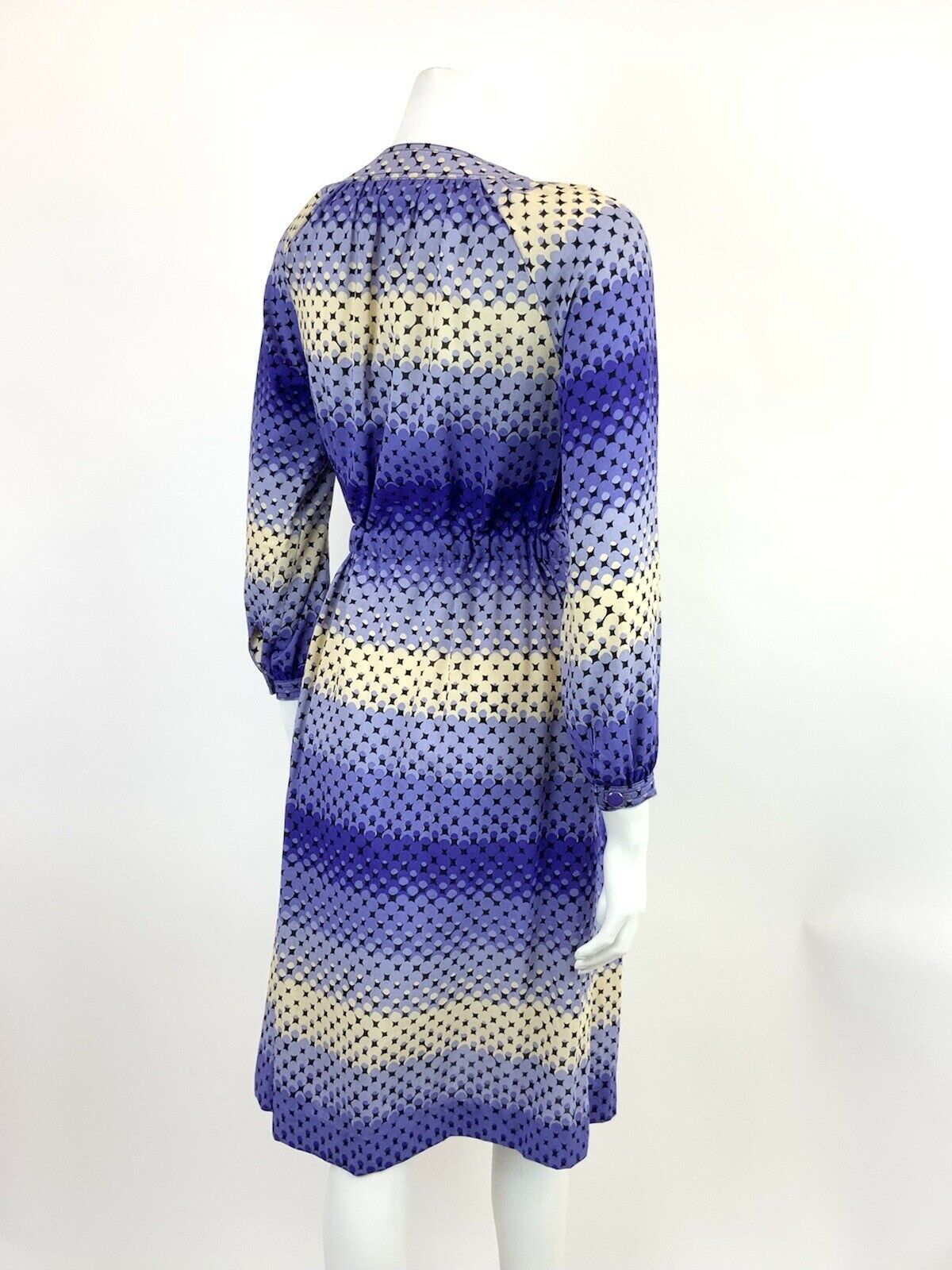 VINTAGE 60s 70s PURPLE CREAM BLACK OMBRE DOTTY GEOMETRIC MIDI DRESS 12 14