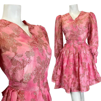 VINTAGE 60s 70s ROSE PINK RED FLORAL DITSY FLOATY SHEER MINI SWING DRESS 6