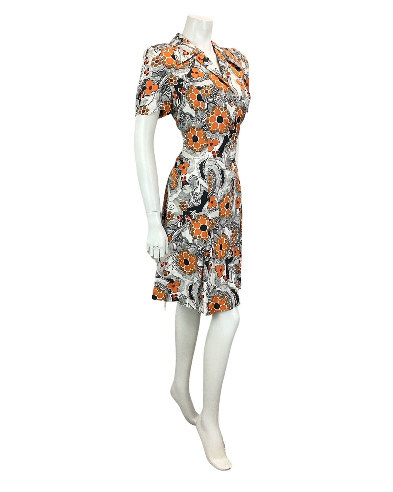 VINTAGE 60S 70S WHITE ORANGE BROWN BLACK FLORAL PSYCHEDELIC MOD DRESS 14