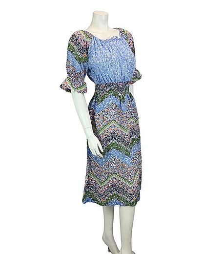 VINTAGE 60s 70s BLUE ORANGE GREEN PURPLE FLORAL PRINT PRAIRIE FOLK DRESS 8