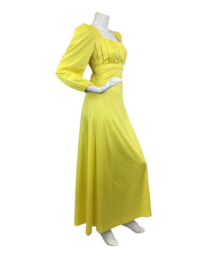 VINTAGE 60s 70s LEMON YELLOW EMPIRE LINE BOHO PRAIRIE SUMMER MAXI DRESS 8 10