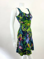 VINTAGE 60s 70s BLUE GREEN PINK PURPLE PALM TREE CACTUS PARROT JUNGLE DRESS 6 8