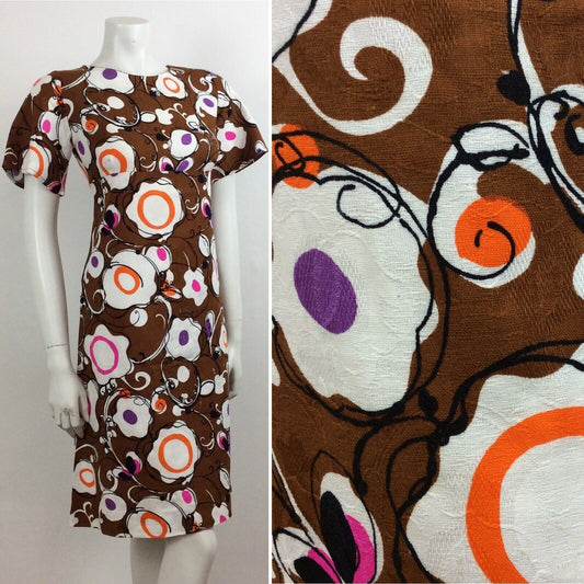 60S VINTAGE PSYCHEDELIC BROWN PURPLE PINK ORANGE DRESS 10 12