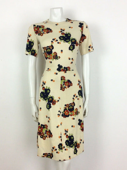 60S 70S VINTAGE CREAM NAVY BLUE FLORAL PSYCHEDELIC DRESS 12