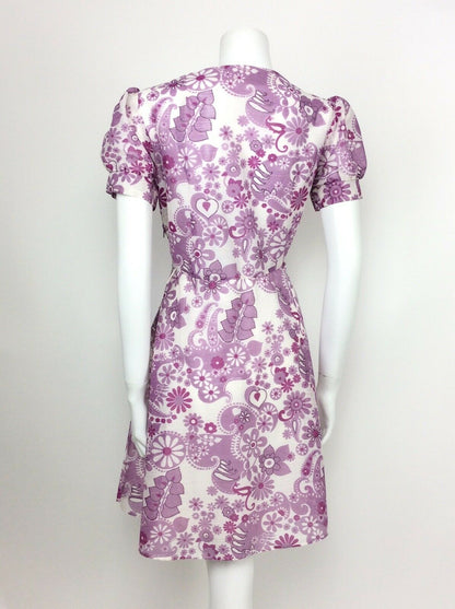 VINTAGE 60s 70s FLORAL PAISLEY PURPLE WHITE LILAC SHEER SUMMER DRESS 12 14