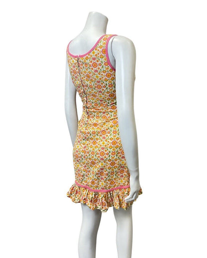 VINTAGE 60s 70s ORANGE PINK WHITE DITSY FLOWER SLEEVELESS MOD MINI DRESS 8 10