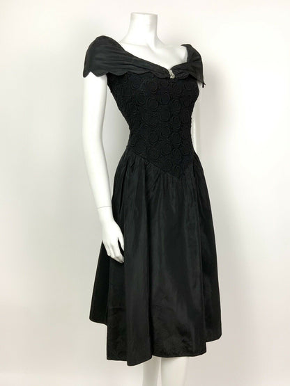 VINTAGE 50s 60s BLACK SILVER FLORAL LACE COCKTAIL PARTY DRESS 8 10