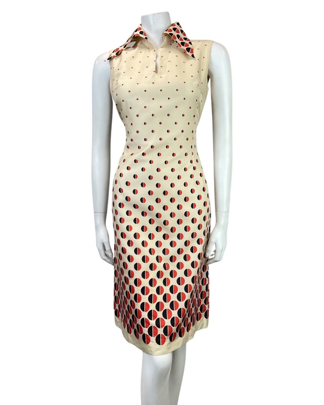 VINTAGE 60s 70s CREAM RED BLACK DOTTY WING COLLAR SLEEVELESS MIDI DRESS 10 12