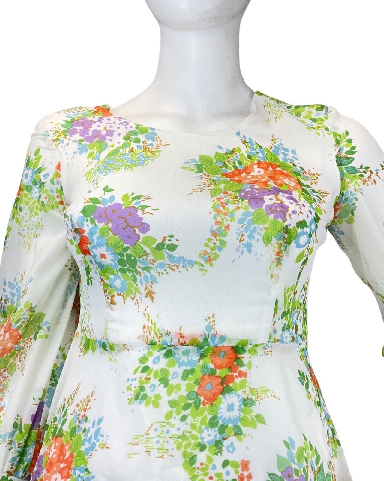 VINTAGE 60s 70s WHITE GREEN ORANGE FLORAL BOUQUET SHEER PRARIE MAXI DRESS 14 16