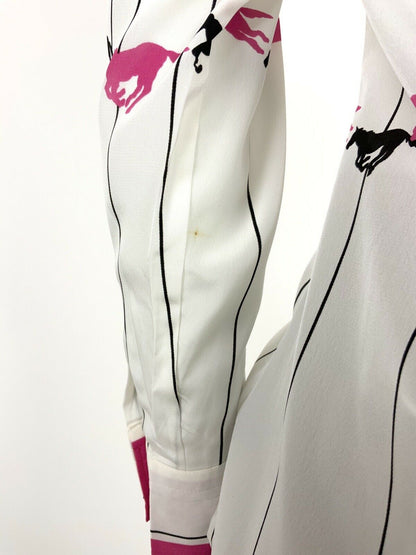 VINTAGE 60s 70s WHITE BLACK PINK STRIPED HORSES DAGGER COLLAR SHIRT 8 10